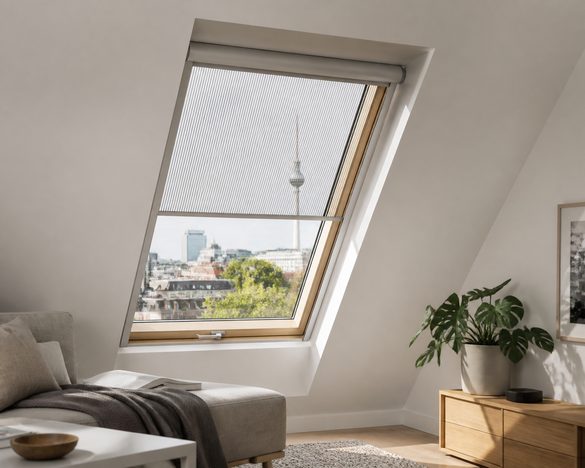 Insektenschutzrollo an einem Dachfenster in der Dachschräge (Symbolbild)